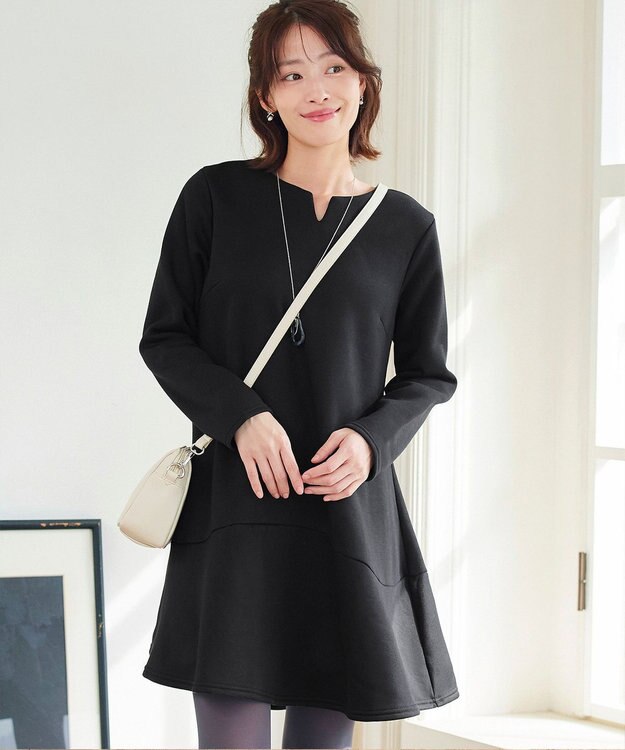 Tiaclasse L 【洗える】裏起毛フレアワンピチュニック ブラック