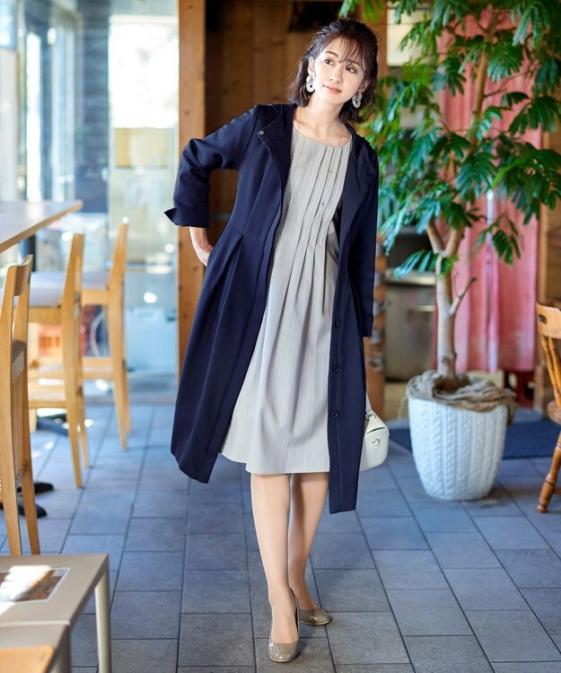 Tiaclasse 【洗える】スタイルアップも叶うピンタックワンピース グレーストライプ