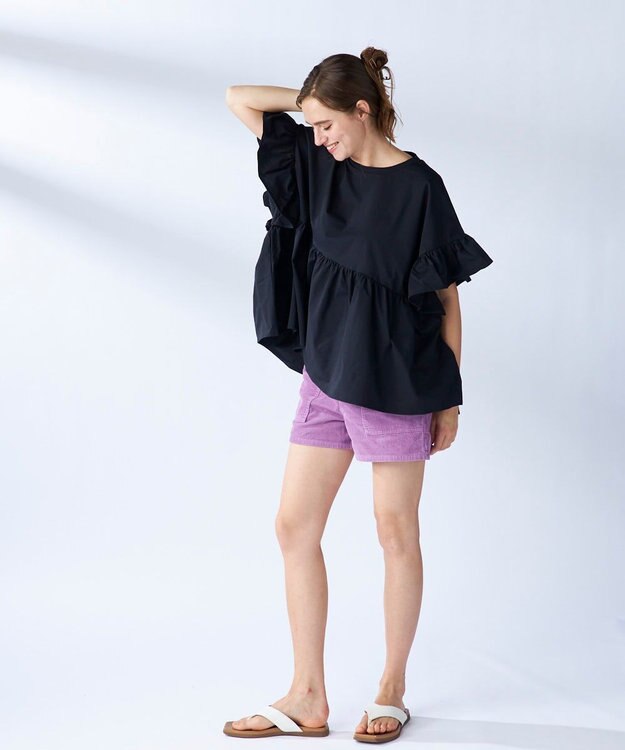 OP／FILA 【Ocean Pacific】らくティブ｜ティアード袖フレアカットソー ブラック