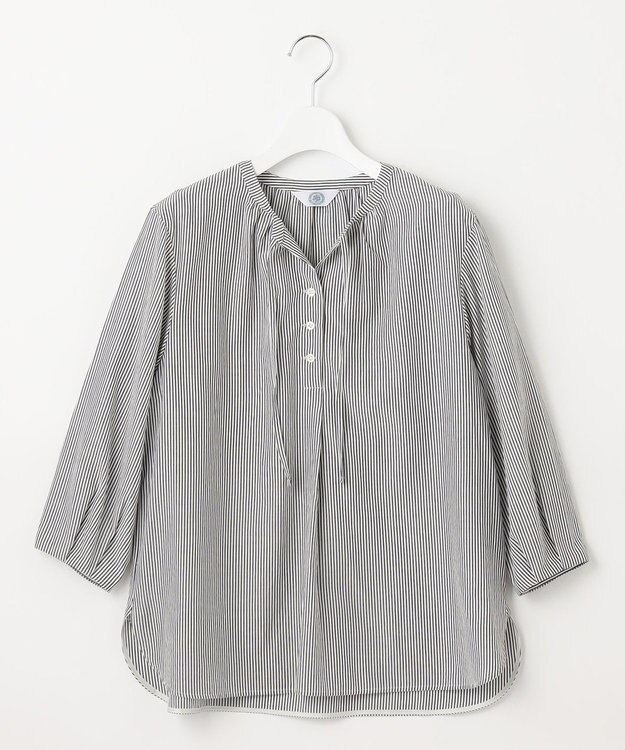 J.PRESS LADIES 【洗える】コットンアセVis ストライプ ギャザー ブラウス ネイビー系1