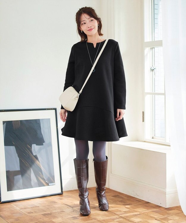 Tiaclasse L 【洗える】裏起毛フレアワンピチュニック ブラック