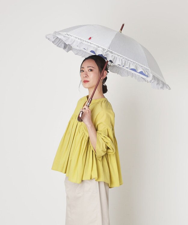 MOONBAT 【遮光/晴雨兼用】POLO RALPH LAUREN （ポロラルフローレン） 長傘 晴雨兼用日傘 ストライプフリル 遮光 遮熱 UV ダークブルー