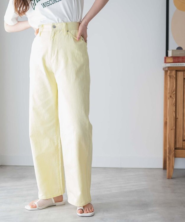 WEGO カラーウエストフィットワイドストレートパンツ ライトイエロー