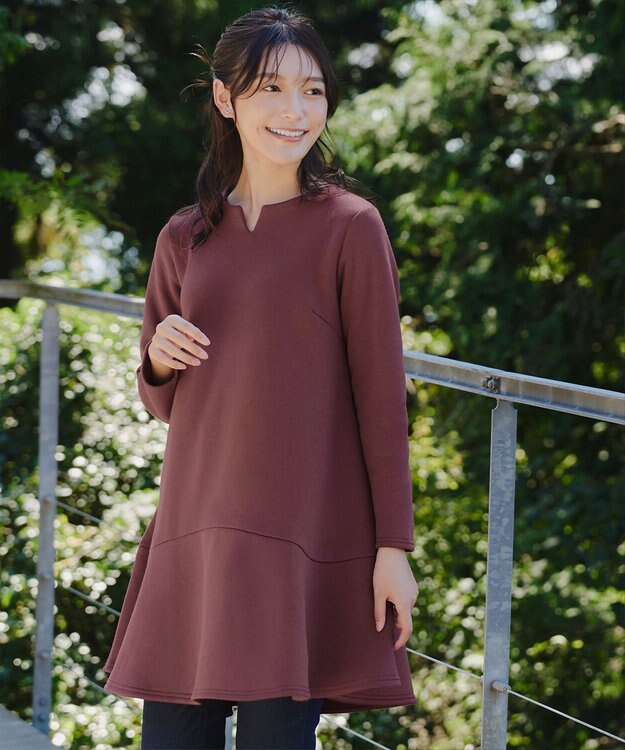 Tiaclasse L 【洗える】裏起毛フレアワンピチュニック ボルドー
