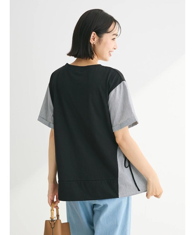 Green Parks 脇リボン５分袖布帛ドッキングプルオーバー Black