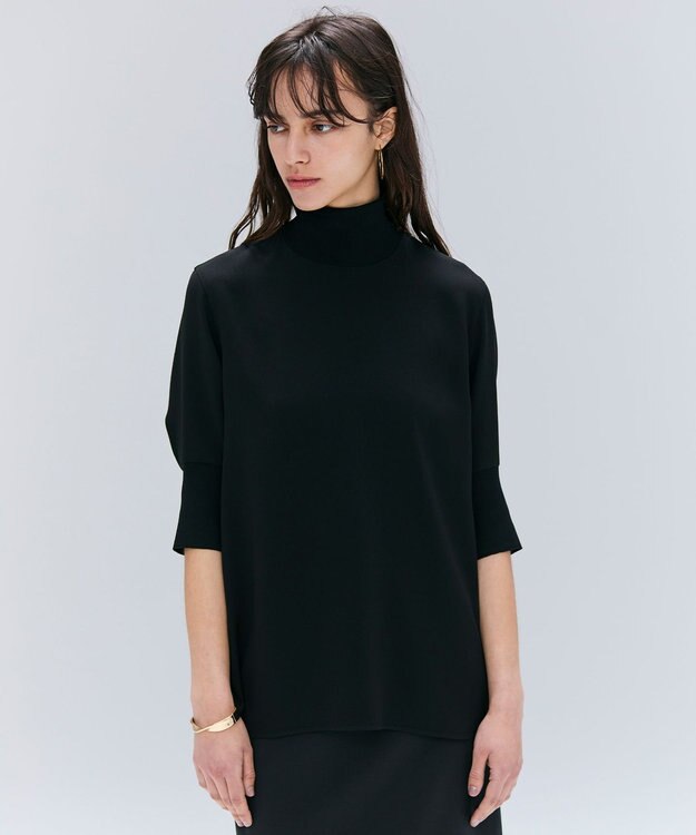 BEIGE， 【洗える】FLEUR / ニットコンビハイネック半袖ブラウス Black