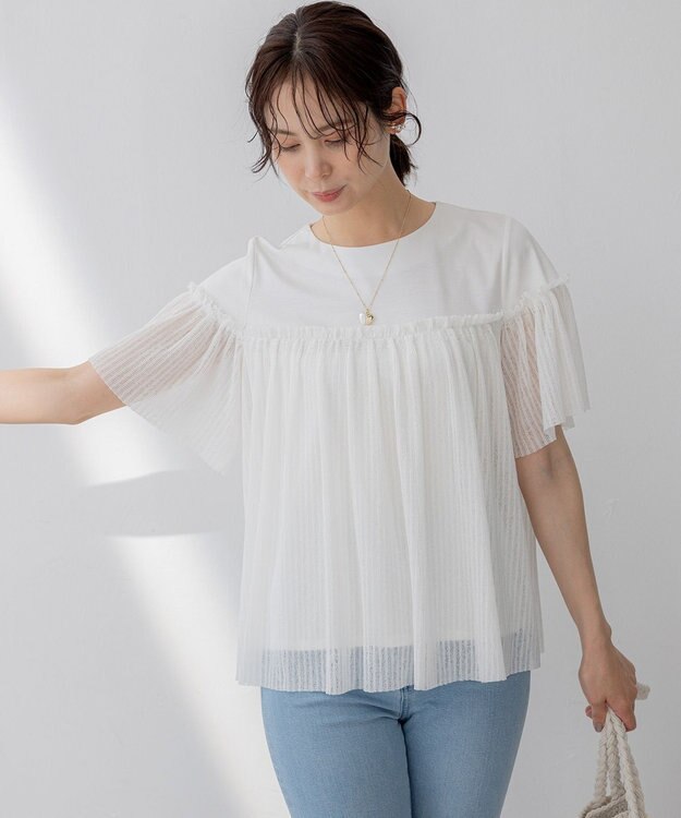 組曲 S プリーツコンビ5分袖 カットソー アイボリー系