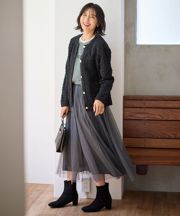 ANY L 【洗濯機可】ツイードニットジャケット ブラック×ブラック