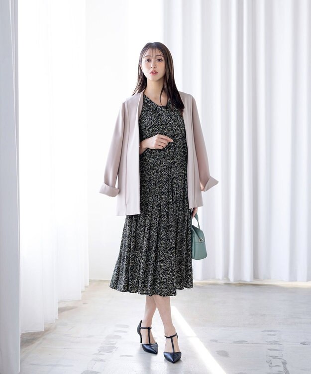 Tiaclasse L 【新色追加・洗える】シフォンギャザーワンピース ブラックフラワー