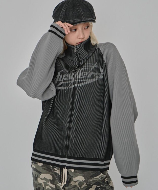 WEGO 【ユニセックス着用ITEM/MLサイズ展開】ラグラングラフィックニットブルゾン ブラック