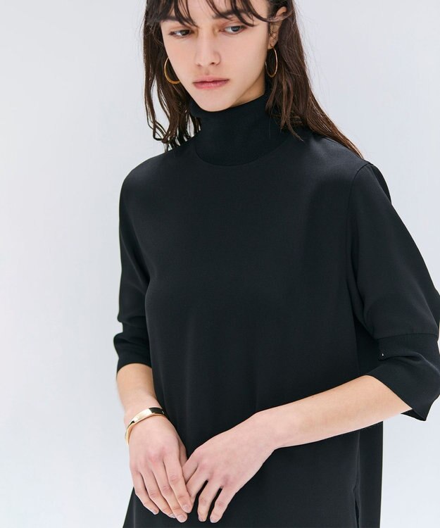 BEIGE， 【洗える】FLEUR / ニットコンビハイネック半袖ブラウス Black