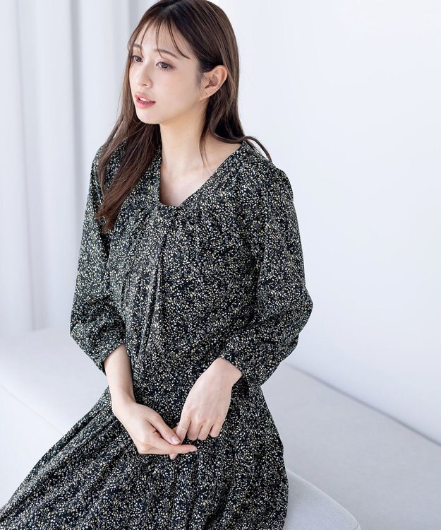 Tiaclasse L 【新色追加・洗える】シフォンギャザーワンピース ブラックフラワー