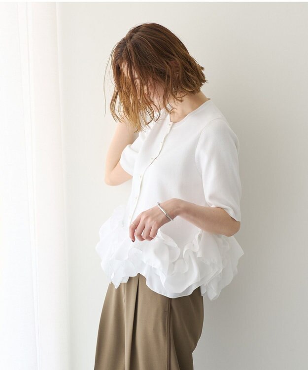 YECCA VECCA パール釦ラッフル5分袖カーディガン Off White