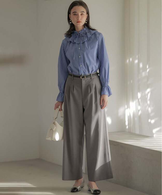 組曲 【2WAY】エアリーシャーティングフリル襟 ブラウス ブルーストライプ系1