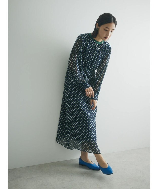 Green Parks armonia．ドットプリントパイピングワンピース Navy