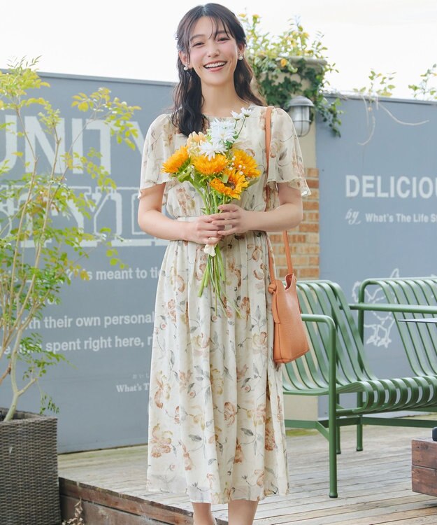 Tiaclasse 大花柄シフォンワンピース グレージュ