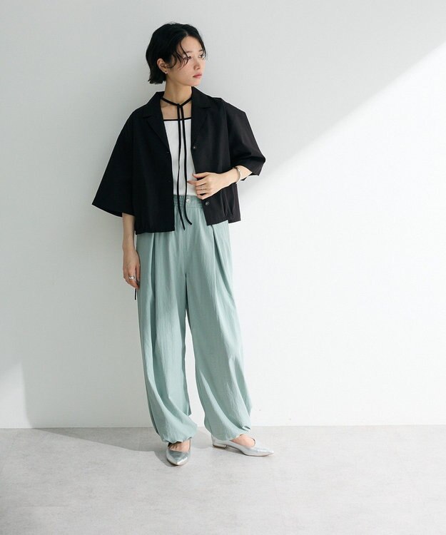 Green Parks 綿麻混裾ドロスト開襟シャツジャケット Check