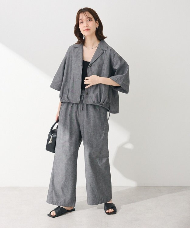 Green Parks 綿麻混裾ドロスト開襟シャツジャケット Gray Mixture