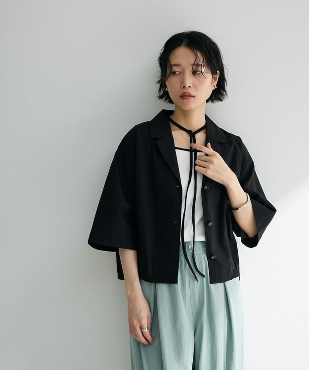 Green Parks 綿麻混裾ドロスト開襟シャツジャケット Black