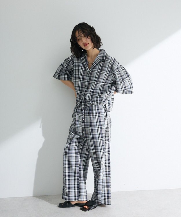 Green Parks 綿麻混裾ドロスト開襟シャツジャケット Check