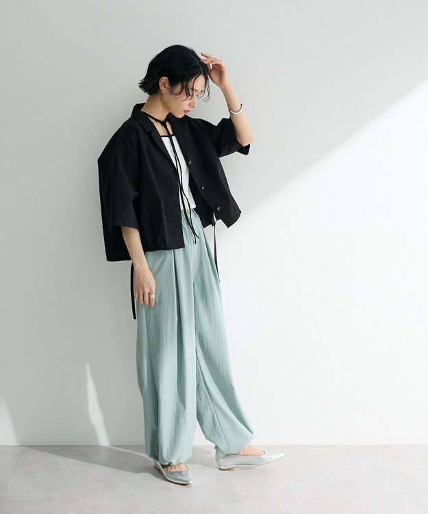 Green Parks 綿麻混裾ドロスト開襟シャツジャケット Black