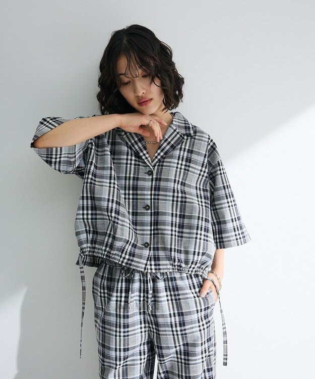 Green Parks 綿麻混裾ドロスト開襟シャツジャケット Check