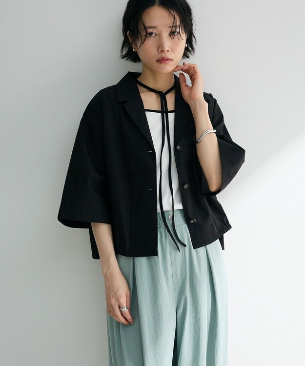 Green Parks 綿麻混裾ドロスト開襟シャツジャケット Black