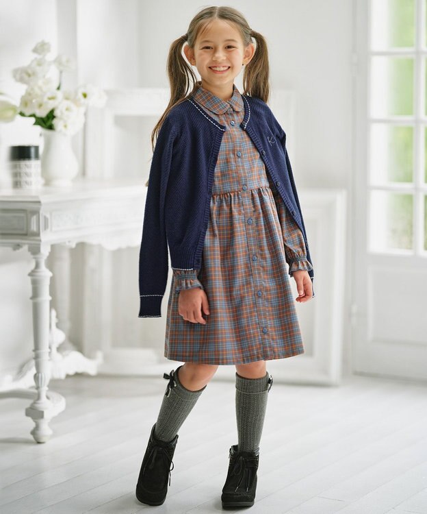 組曲 KIDS 【110-140㎝】リセチェックシャツ ワンピース ブルー×オレンジ系