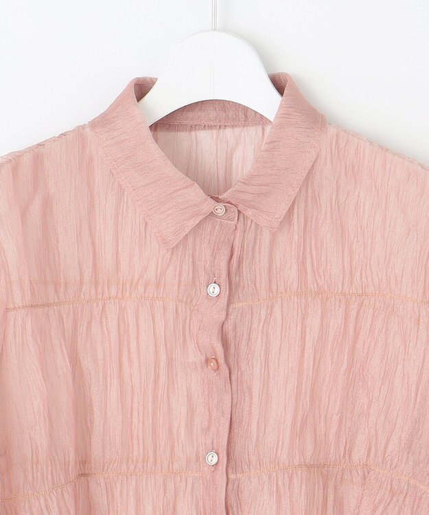 Feroux 【洗える】シャーリングシアー シャツ ピンク系