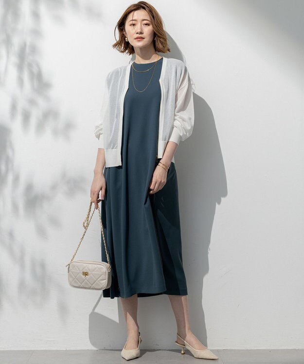 23区 L 【吸水速乾/UVカット/接触冷感/洗える】ストレッチジョーゼット ワンピース ダークグリーン系