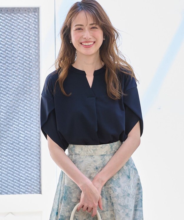 ANY SIS 【接触冷感・吸水速乾・UVケア】エアリードレープスムーススキッパー ブラウス ネイビー