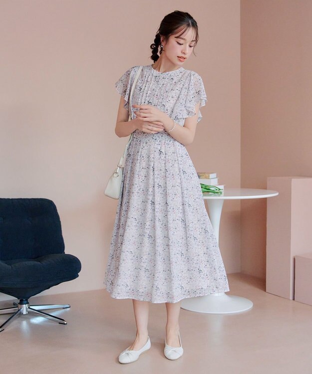 Tiaclasse 【小倉優子さん着用・洗える】フレアスリーブ柄ワンピース ラベンダー