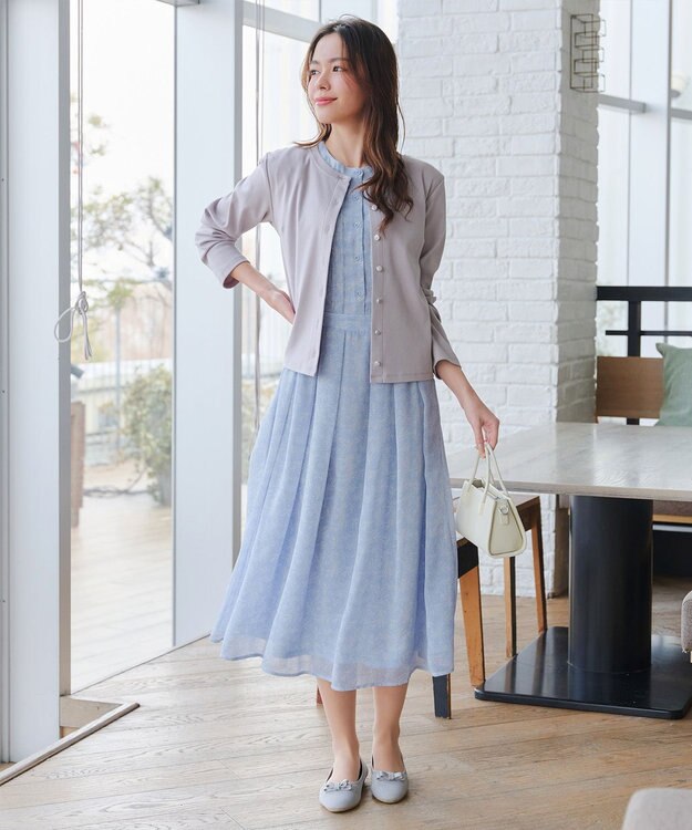 Tiaclasse 【小倉優子さん着用・洗える】フレアスリーブ柄ワンピース サックス