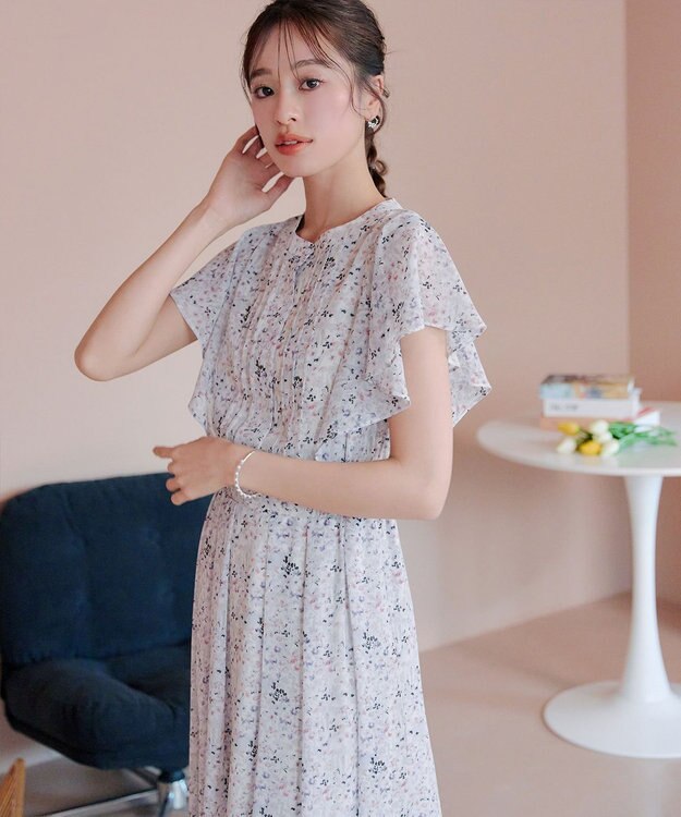 Tiaclasse 【小倉優子さん着用・洗える】フレアスリーブ柄ワンピース ラベンダー