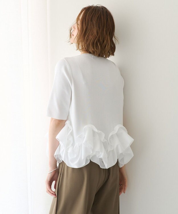 YECCA VECCA パール釦ラッフル5分袖カーディガン Off White