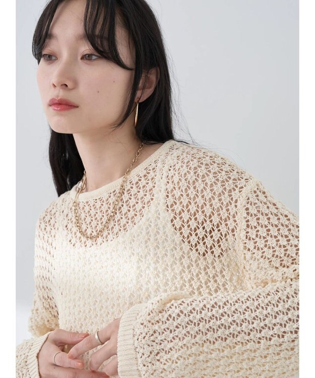 earth music&ecology メッシュ編みニットプルオーバー Ivory