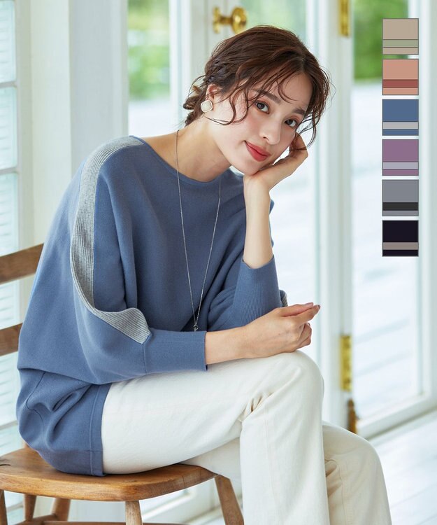 Tiaclasse 【洗える】配色ドルマンニットチュニック ブルー×グレー