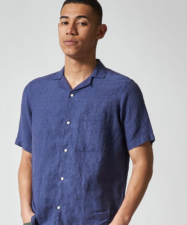 J.PRESS MEN オープンカラーリネンパッチシャツ ネイビー系