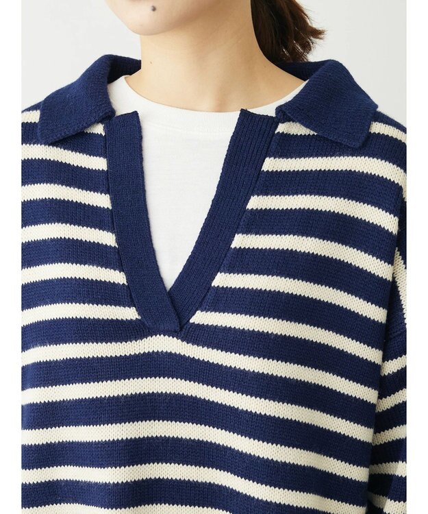 Green Parks キーネックボーダープルオーバー Navy