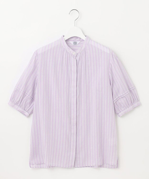 J.PRESS LADIES L 【洗える】綿キュプラコードストライプ バンドカラー ブラウス ふじ色系1