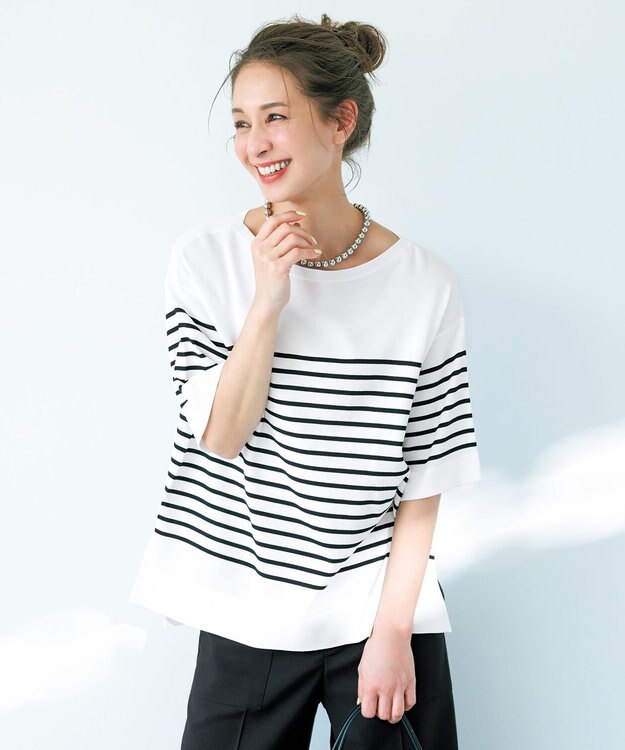 UNFILO スゴ機能 ハーフスリーブニットT オフ×ブラック