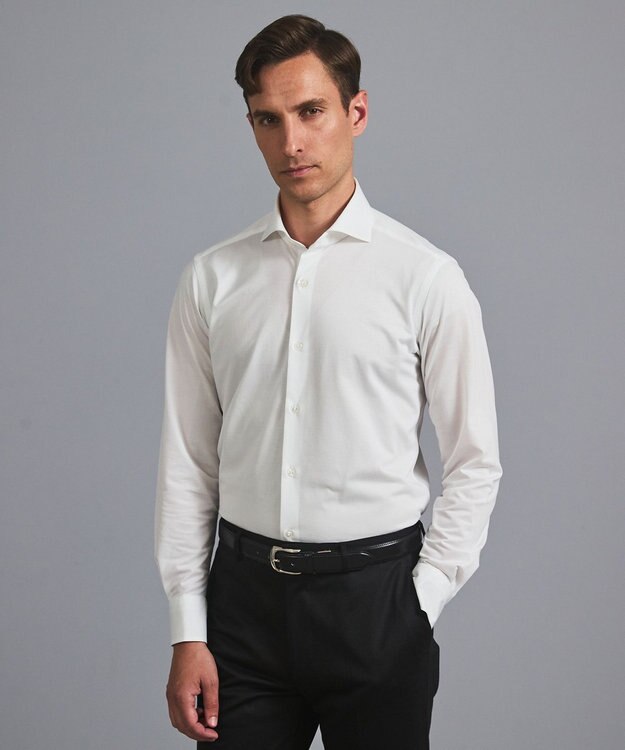 GOTAIRIKU 【ストレッチ/洗える】Albini ジャージ シャツ_ カッタウェイカラー ホワイト系