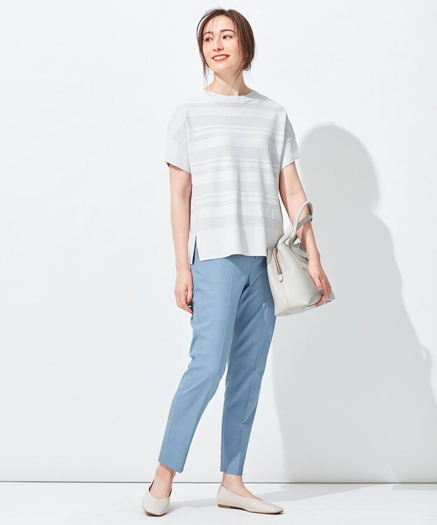 自由区 【洗える】クレープストレッチボーダー ニット ライトグレー系