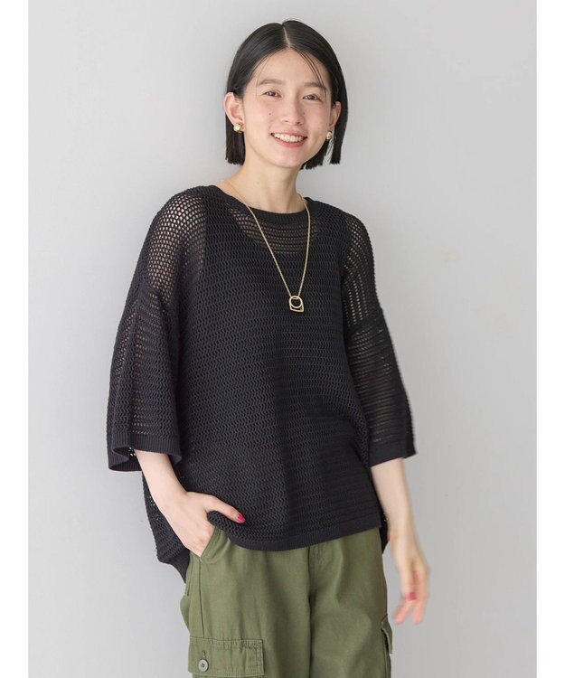 AMERICAN HOLIC 透かし編み半袖ニットプルオーバー Black