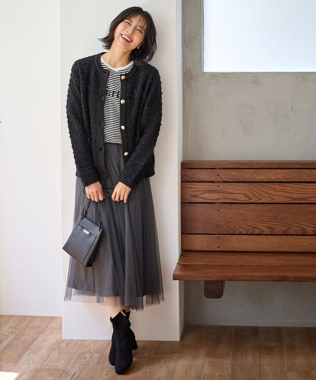 ANY 【洗濯機可】ツイードニットジャケット ブラック×ブラック