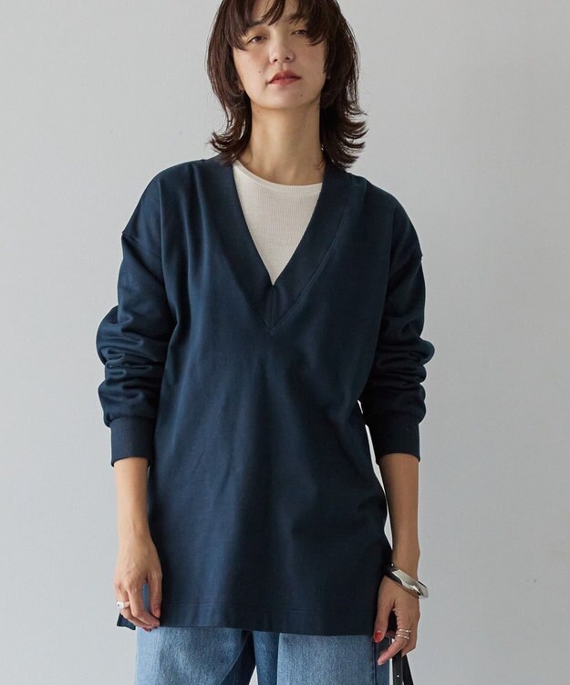 AMERICAN HOLIC Vネックサイドスリットロングスウェットプルオーバー/チュニック Navy