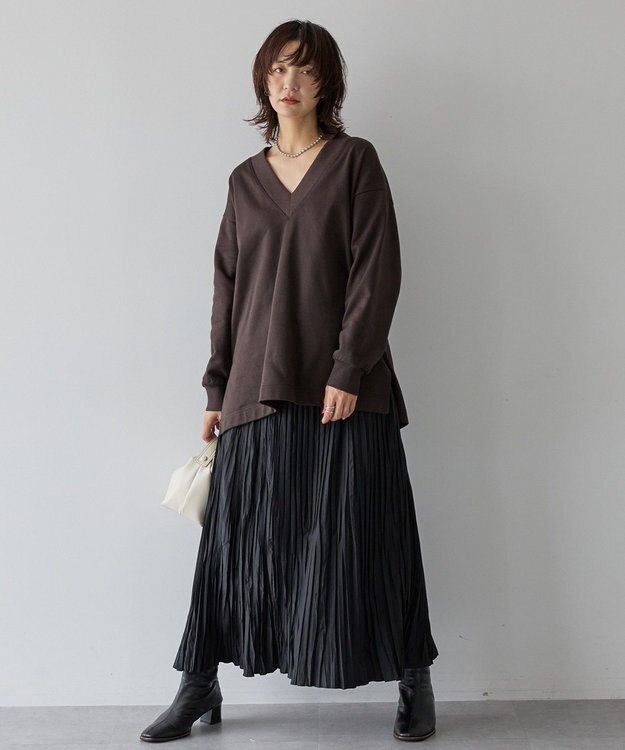 AMERICAN HOLIC Vネックサイドスリットロングスウェットプルオーバー/チュニック Brown