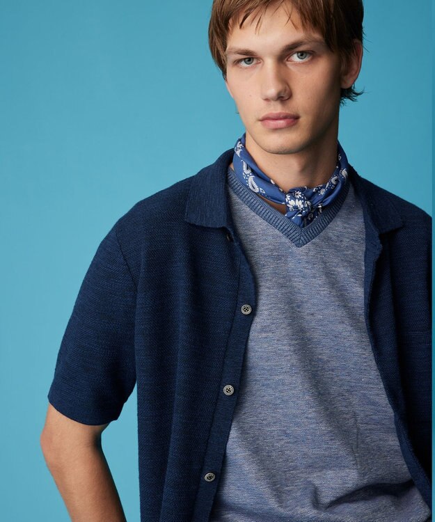 JOSEPH ABBOUD 【リネン素材/吸水速乾/日本素材】リネンハニカム Vネック Tシャツ サックスブルー系