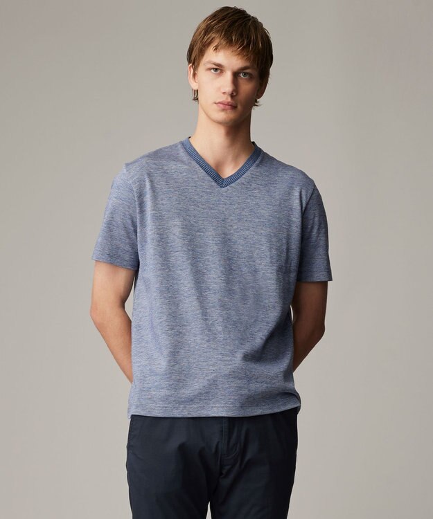 JOSEPH ABBOUD 【リネン素材/吸水速乾/日本素材】リネンハニカム Vネック Tシャツ サックスブルー系