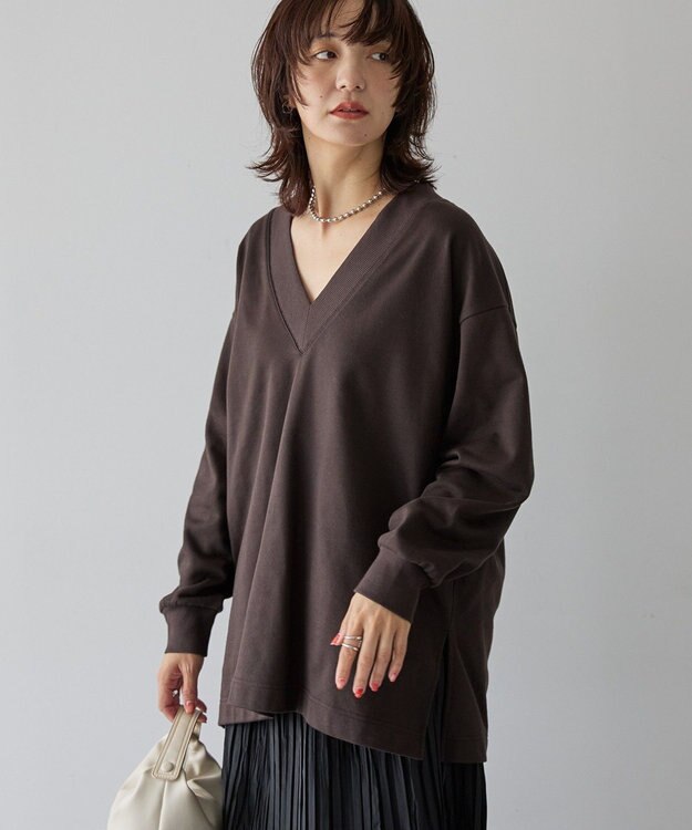 AMERICAN HOLIC Vネックサイドスリットロングスウェットプルオーバー/チュニック Brown